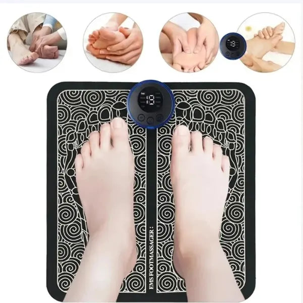 "EMS Fußmassager mit NMES-Technologie, ovales Design, schwarz, für Schmerzlinderung, Durchblutungsförderung, Wohlbefinden."
