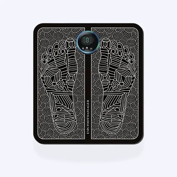 "EMS Fußmassager mit NMES-Technologie, ovales Design, schwarz, für Schmerzlinderung, Durchblutungsförderung, Wohlbefinden."