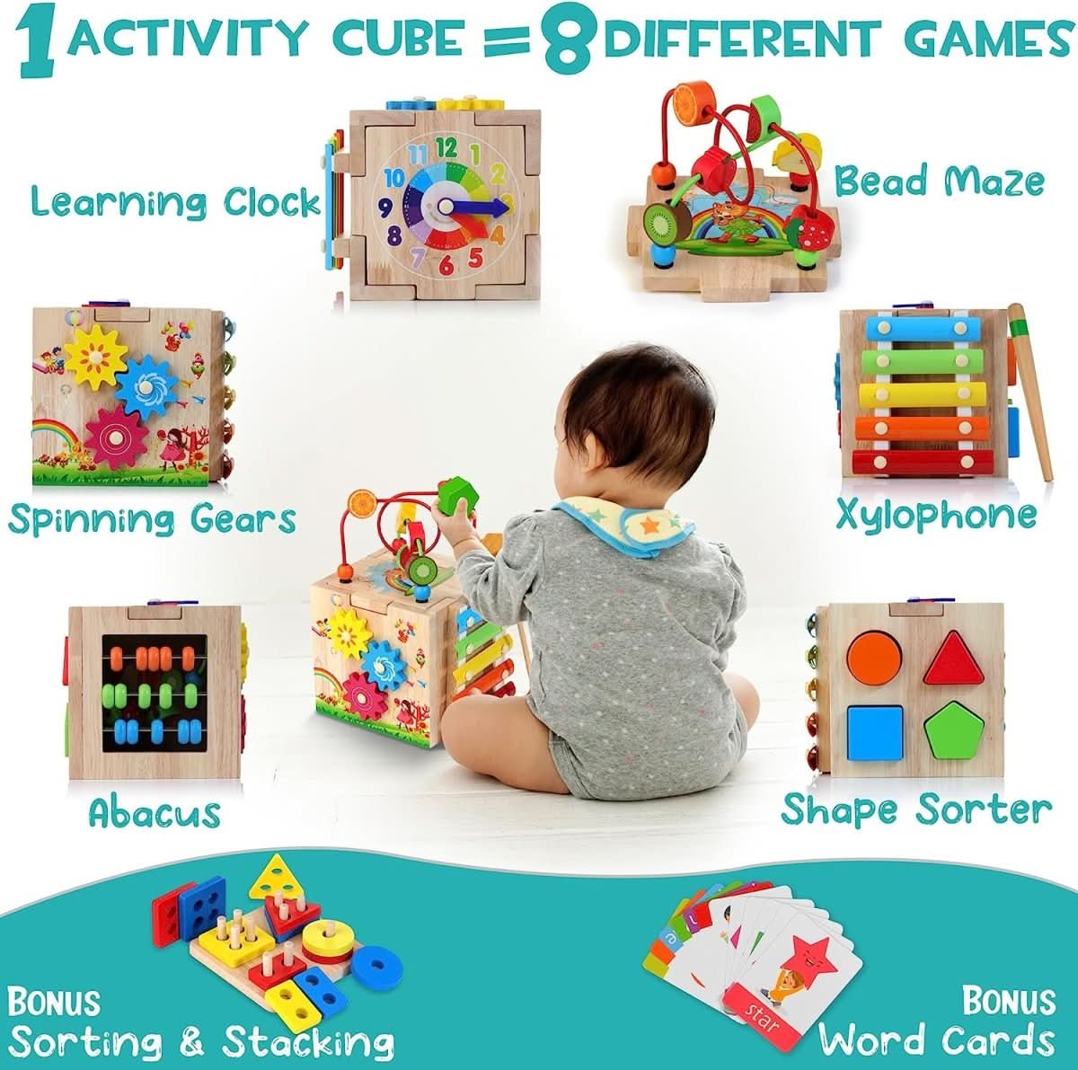 "EduCube 8-in-1 Montessori Holzspielzeug für Kleinkinder, interaktives Lernspiel mit Perlenlabyrinth und Xylophon."