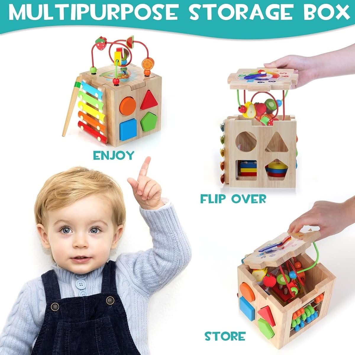 "EduCube 8-in-1 Montessori Holzspielzeug für Kleinkinder, interaktives Lernspiel mit Perlenlabyrinth und Xylophon."