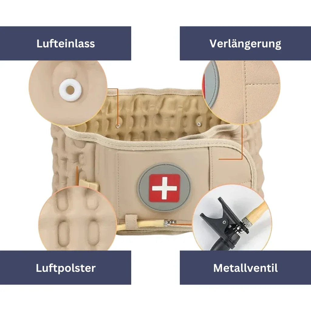 "Effektiver orthopädischer Lendengurt, ergonomisch mit anpassbaren Gurten, diskret unter Kleidung, atmungsaktiv."