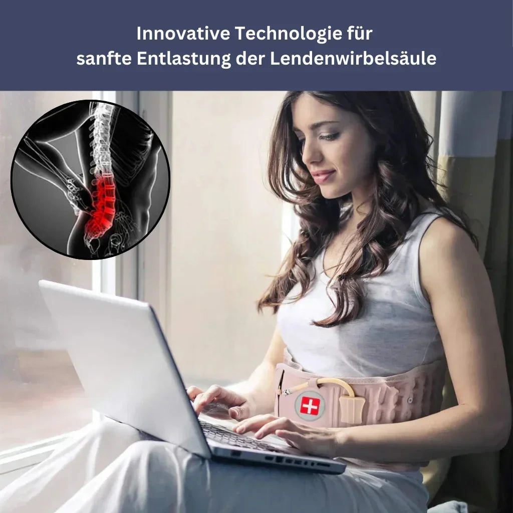 "Effektiver orthopädischer Lendengurt, ergonomisch mit anpassbaren Gurten, diskret unter Kleidung, atmungsaktiv."