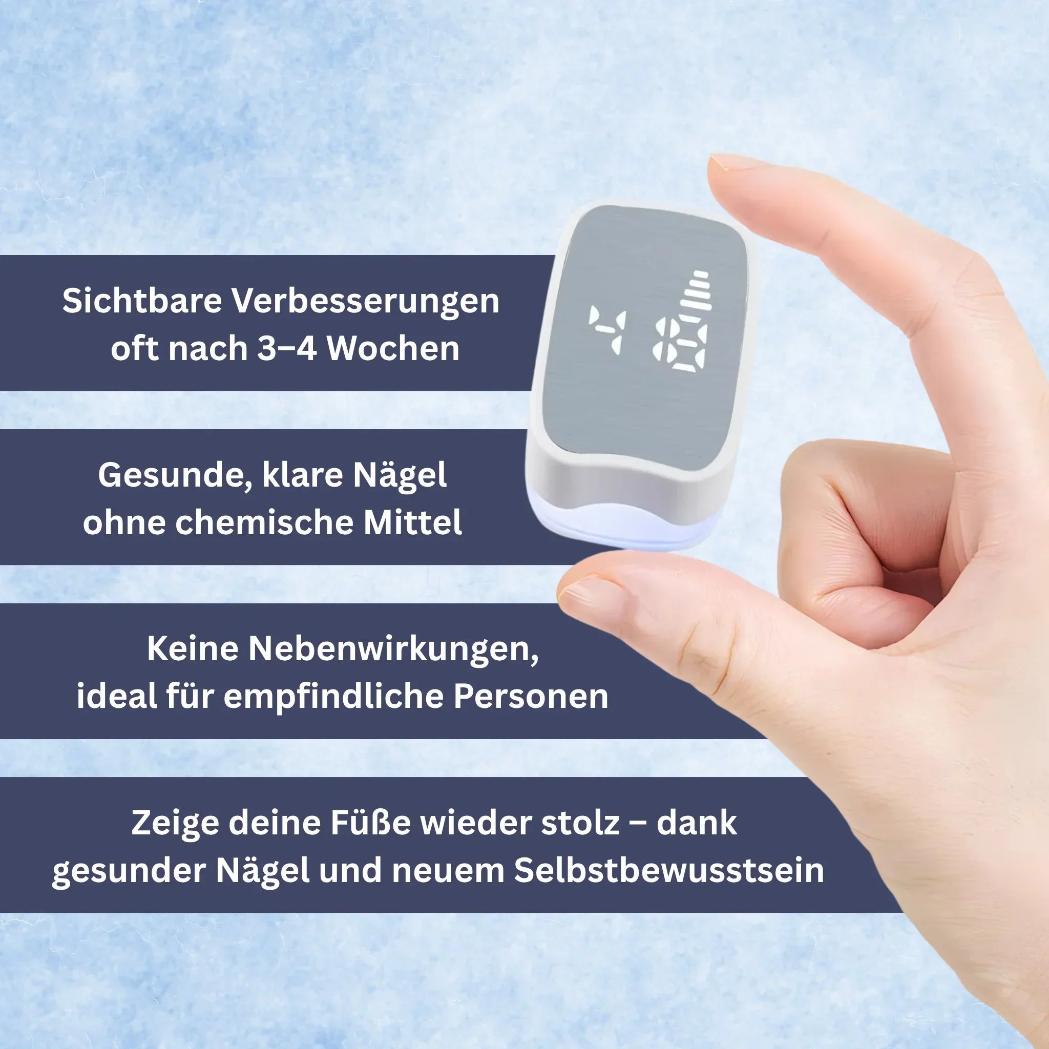 Effizientes Lasergerät gegen Nagelpilz zur Nagelpflege. Kompaktes, tragbares Design, sicher und schmerzfrei in der Anwendung.