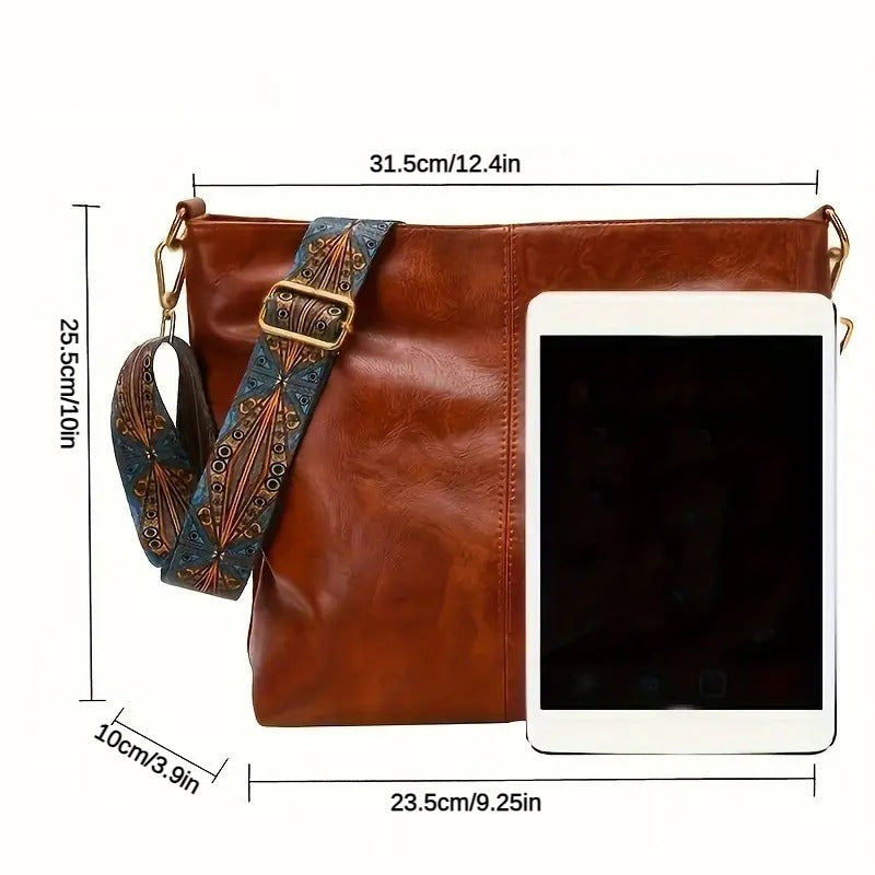 Elegante Damen Schultertasche in Vintage-Optik, Vorderansicht, beige Farbe, stilvoll, praktisch, robustes PU-Material.