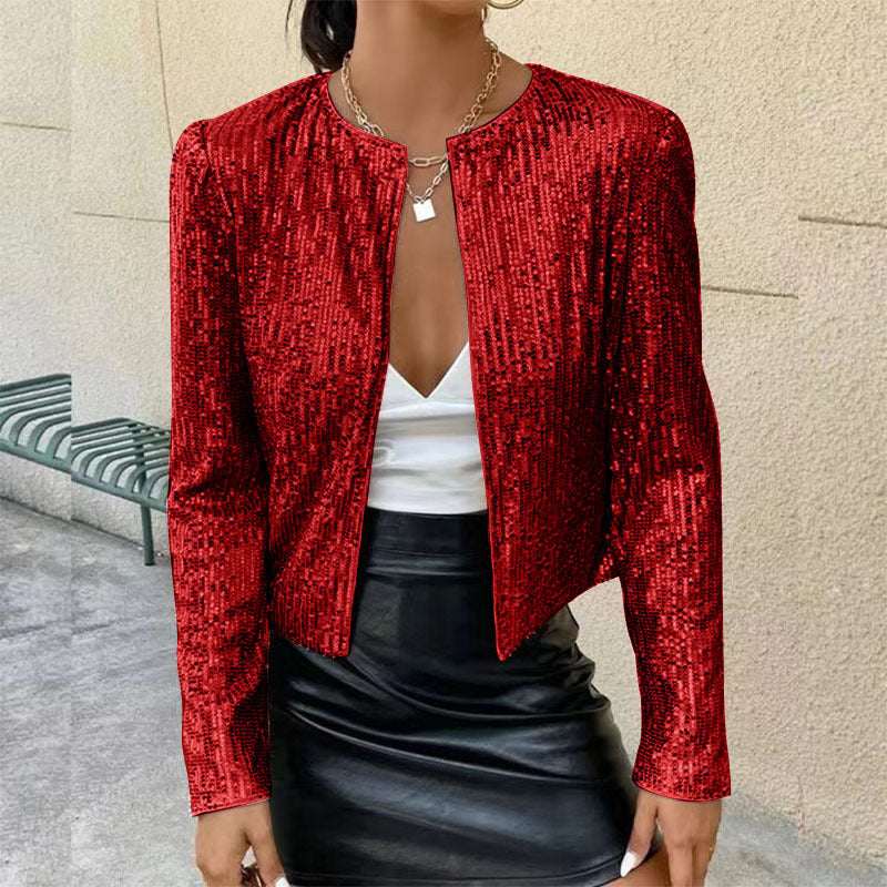 "Elegante glitzernde Damenjacke mit taillierter Passform, ideal für festliche Anlässe, in Silber und Magenta erhältlich."