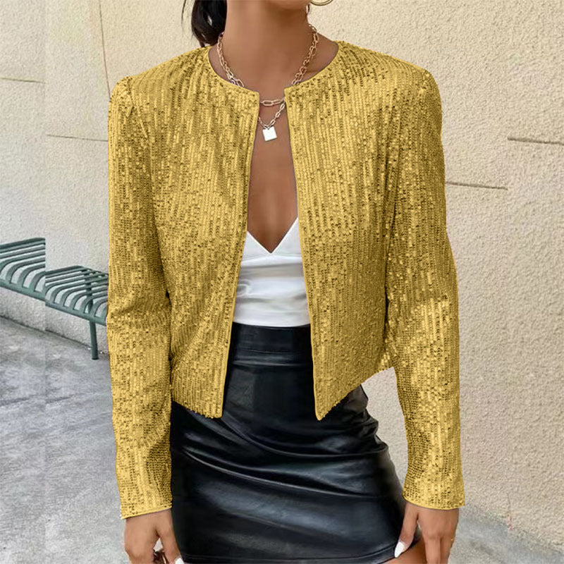 "Elegante glitzernde Damenjacke mit taillierter Passform, ideal für festliche Anlässe, in Silber und Magenta erhältlich."