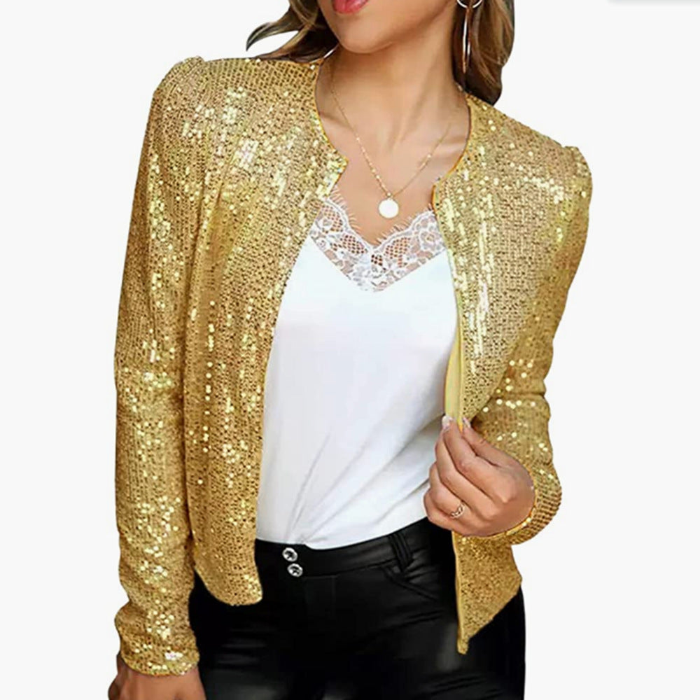 "Elegante glitzernde Damenjacke mit taillierter Passform, ideal für festliche Anlässe, in Silber und Magenta erhältlich."