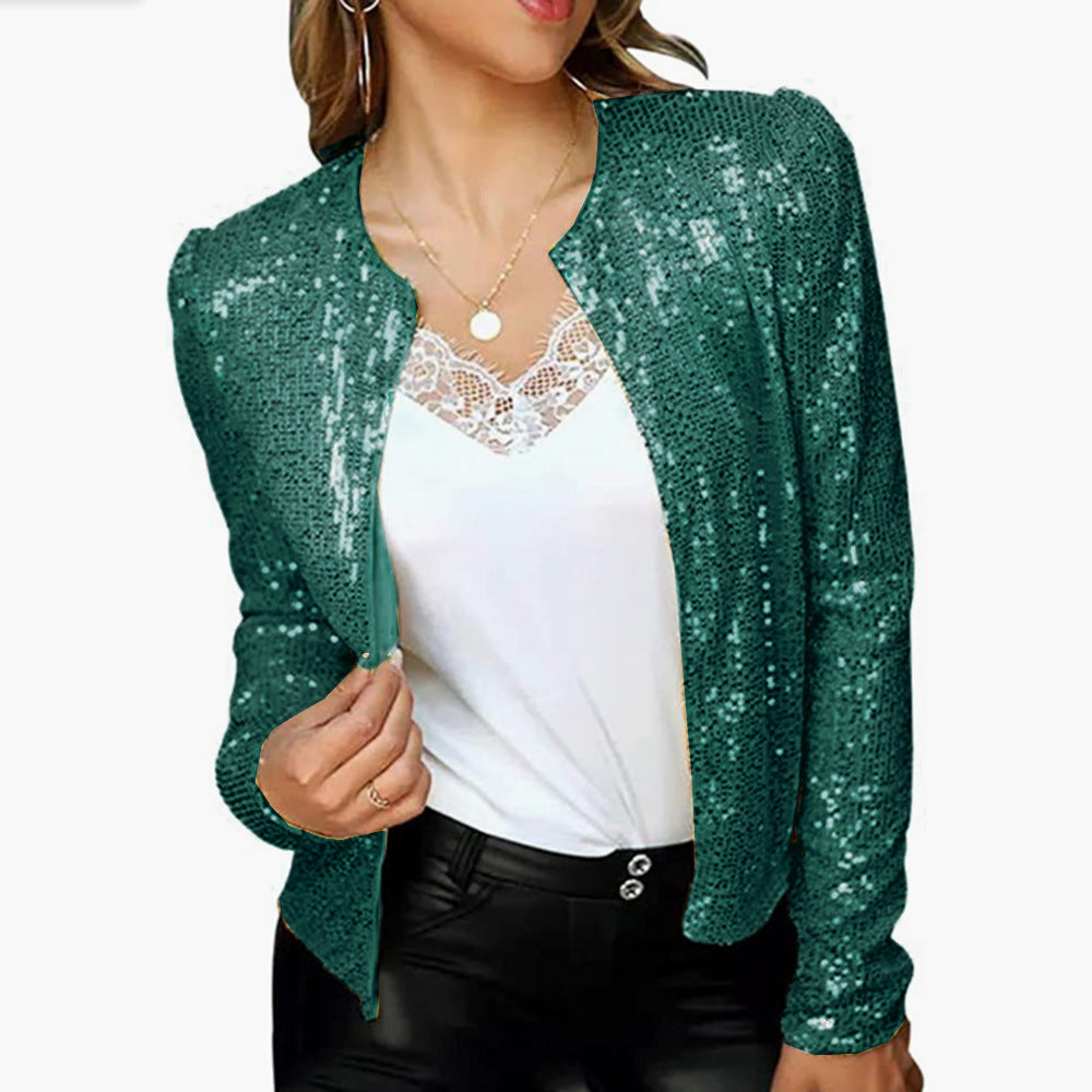 "Elegante glitzernde Damenjacke mit taillierter Passform, ideal für festliche Anlässe, in Silber und Magenta erhältlich."