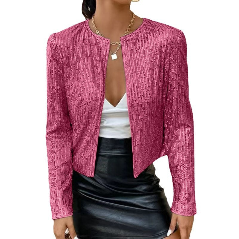 "Elegante glitzernde Damenjacke mit taillierter Passform, ideal für festliche Anlässe, in Silber und Magenta erhältlich."