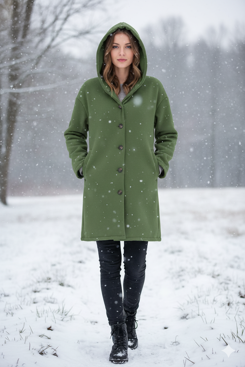 Eleganter Damen Wintermantel, stilvolles Design, winddicht, knielang, beige Farbton, mit Kapuze für kalte Tage.