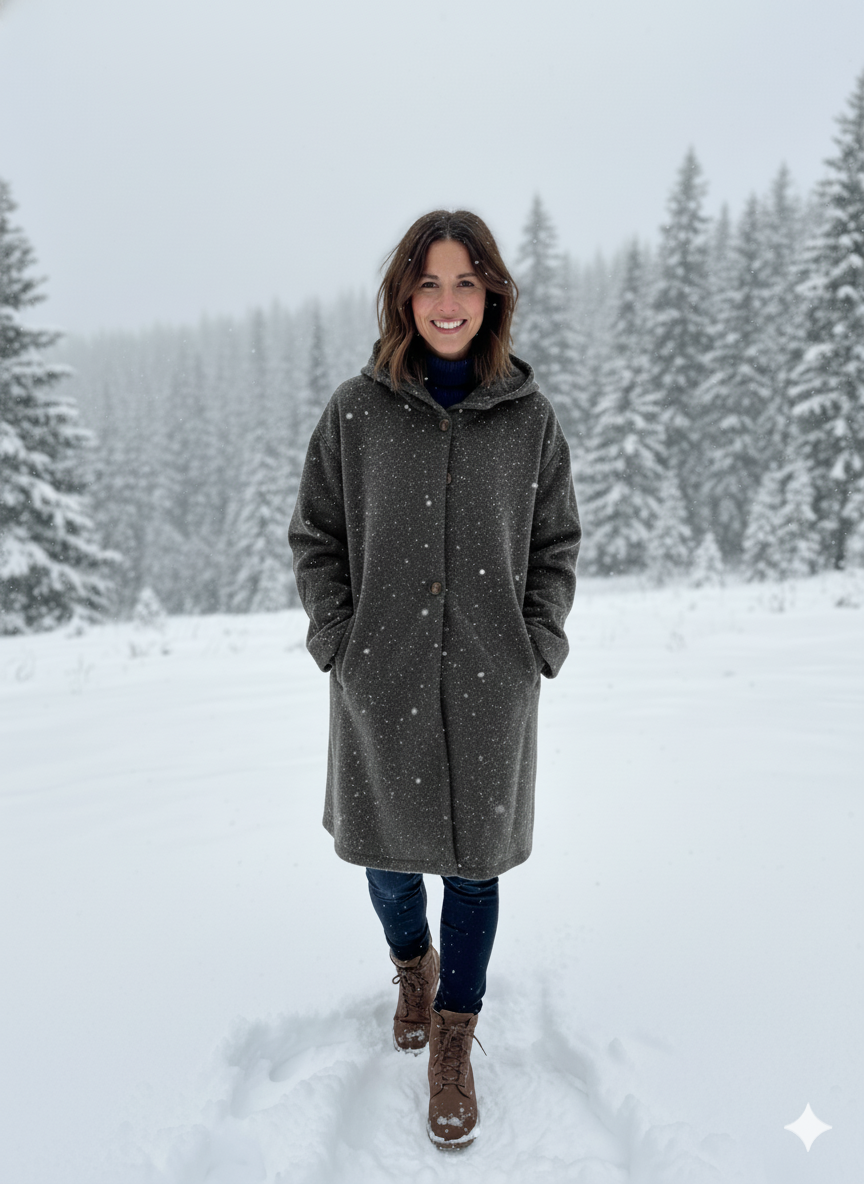 Eleganter Damen Wintermantel, stilvolles Design, winddicht, knielang, beige Farbton, mit Kapuze für kalte Tage.