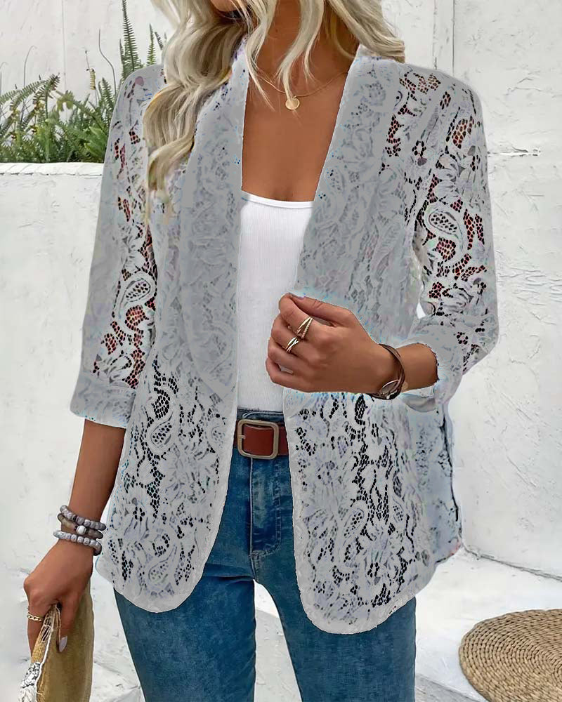 "Eleganter Damenblazer mit Blumenspitze, Langarm, Reversausschnitt, ideal für stilvollen, formellen Look in Grau, Schwarz, We
