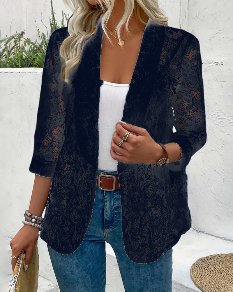 "Eleganter Damenblazer mit Blumenspitze, Langarm, Reversausschnitt, ideal für stilvollen, formellen Look in Grau, Schwarz, We