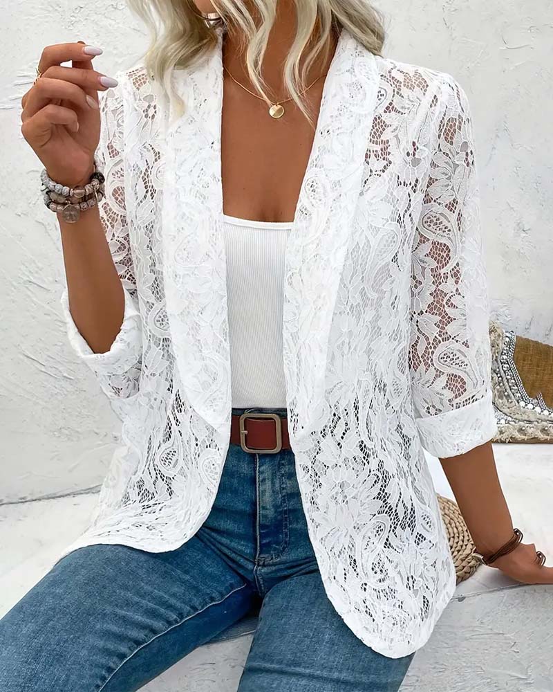 "Eleganter Damenblazer mit Blumenspitze, Langarm, Reversausschnitt, ideal für stilvollen, formellen Look in Grau, Schwarz, We