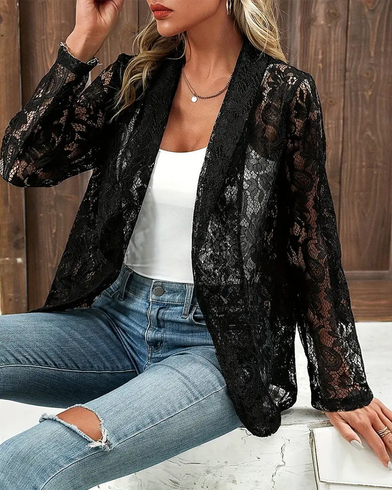 "Eleganter Damenblazer mit Blumenspitze, Langarm, Reversausschnitt, ideal für stilvollen, formellen Look in Grau, Schwarz, We