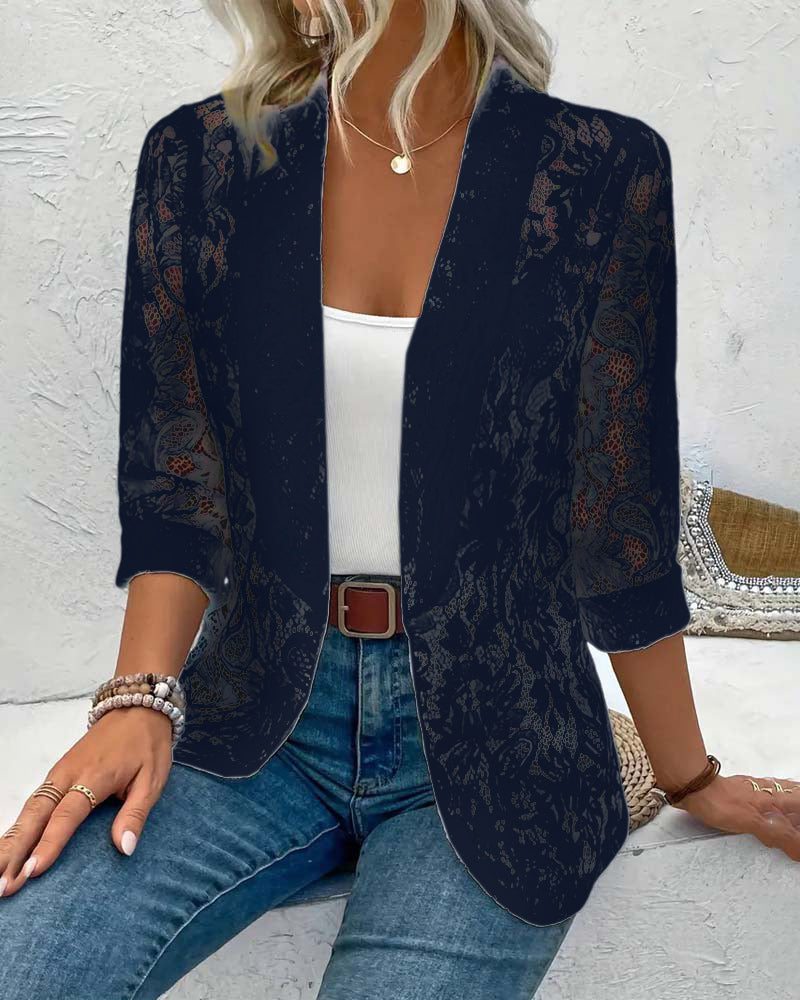 "Eleganter Damenblazer mit Blumenspitze, Langarm, Reversausschnitt, ideal für stilvollen, formellen Look in Grau, Schwarz, We
