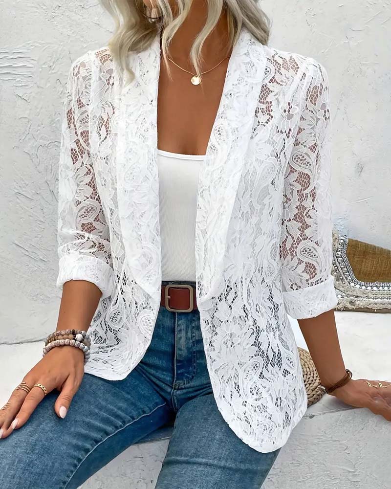 "Eleganter Damenblazer mit Blumenspitze, Langarm, Reversausschnitt, ideal für stilvollen, formellen Look in Grau, Schwarz, We
