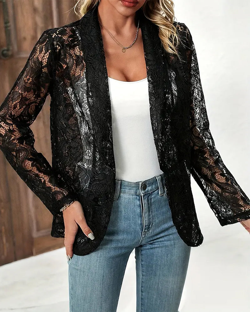 "Eleganter Damenblazer mit Blumenspitze, Langarm, Reversausschnitt, ideal für stilvollen, formellen Look in Grau, Schwarz, We