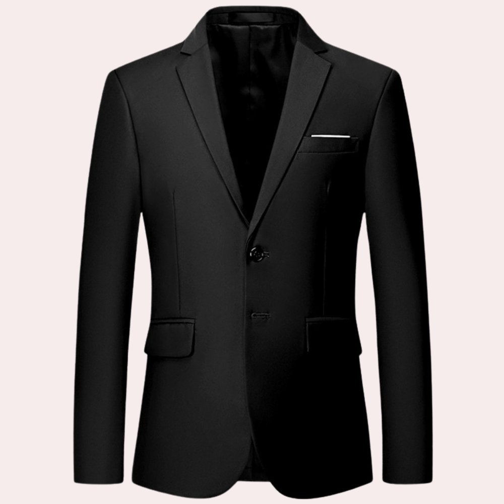Eleganter Herrenblazer, schlanker Schnitt, Vorderansicht, zeitloses Design, vielseitig für Büro und formelle Anlässe.