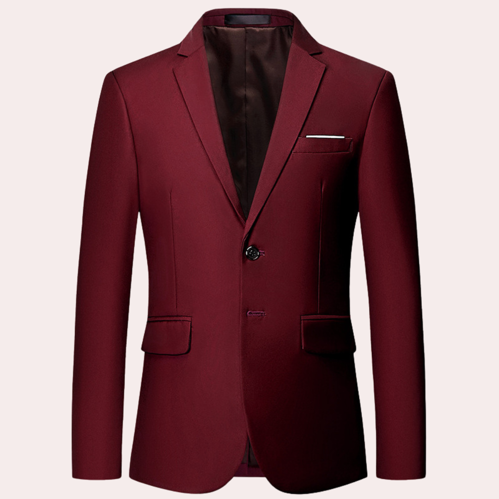 Eleganter Herrenblazer, schlanker Schnitt, Vorderansicht, zeitloses Design, vielseitig für Büro und formelle Anlässe.