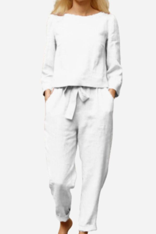 Eleganter Leinen-Zweiteiler für Damen in monochromen Farben; atmungsaktives Material, klassischer Schnitt für vielseitige Anl