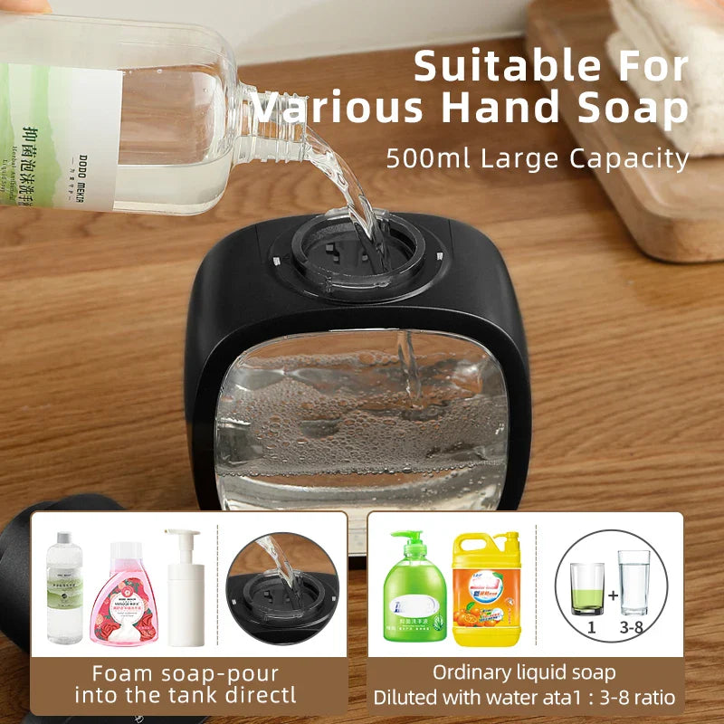"Eleganter weißer Wand-Seifenspender 500 ml, berührungslos, mit Infrarotsensor und USB-Ladefunktion, ideal für moderne Räume.