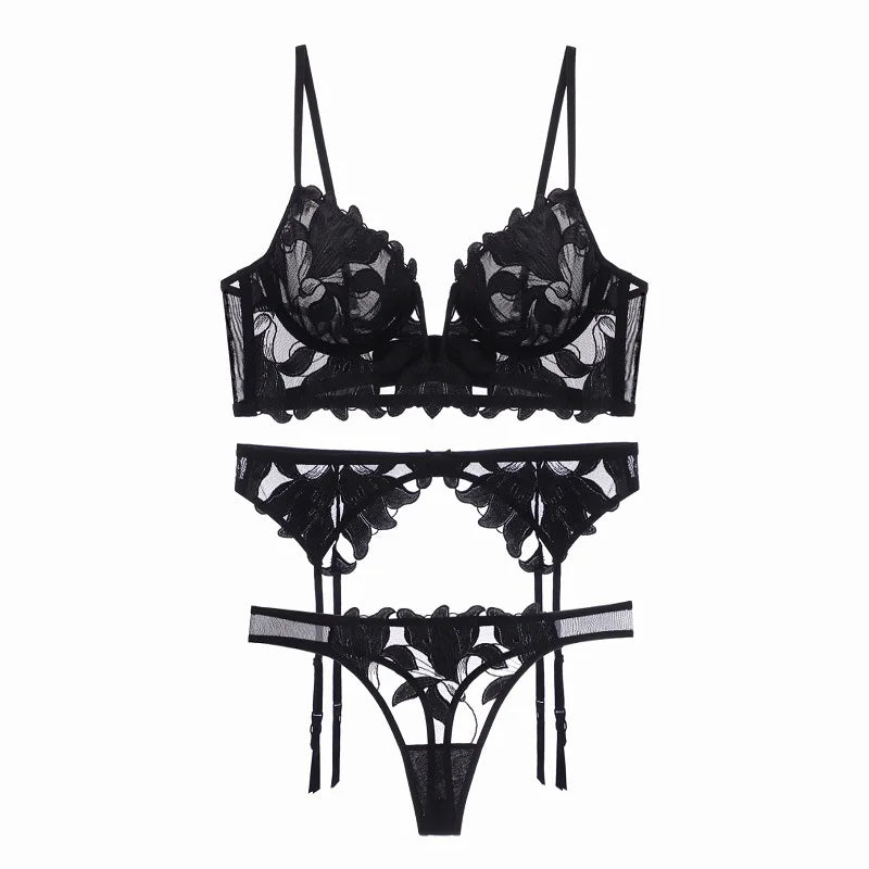 Elegantes Lingerie-Set aus zarter Spitze mit Blumenmuster, sinnlich und bequem, perfekt für Alltag und besondere Anlässe.