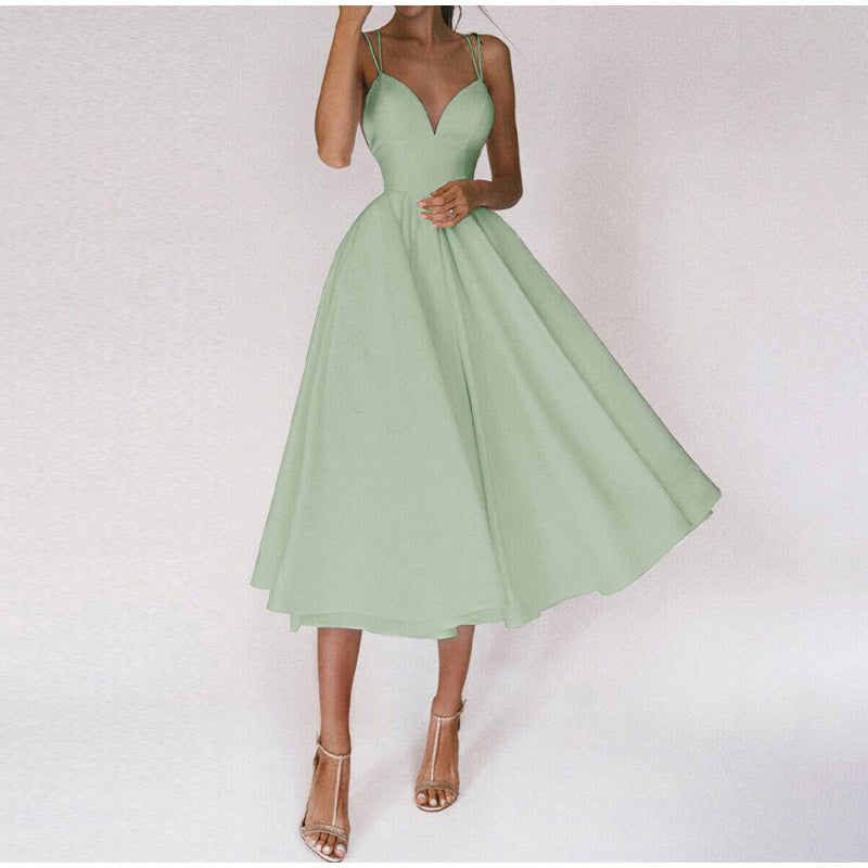 Elegantes formelles Damen Partykleid in Blau, Midi-Länge, mit schmeichelndem V-Ausschnitt, ideal für Hochzeiten.