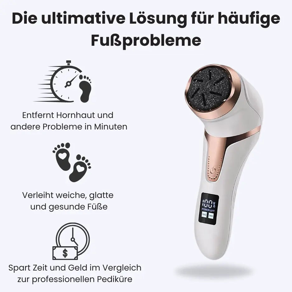 Elektrischer Hornhautentferner mit ergonomischem Design und Mikro-Abrasions-Technologie fĂĽr weiche, gepflegte FĂĽĂźe.