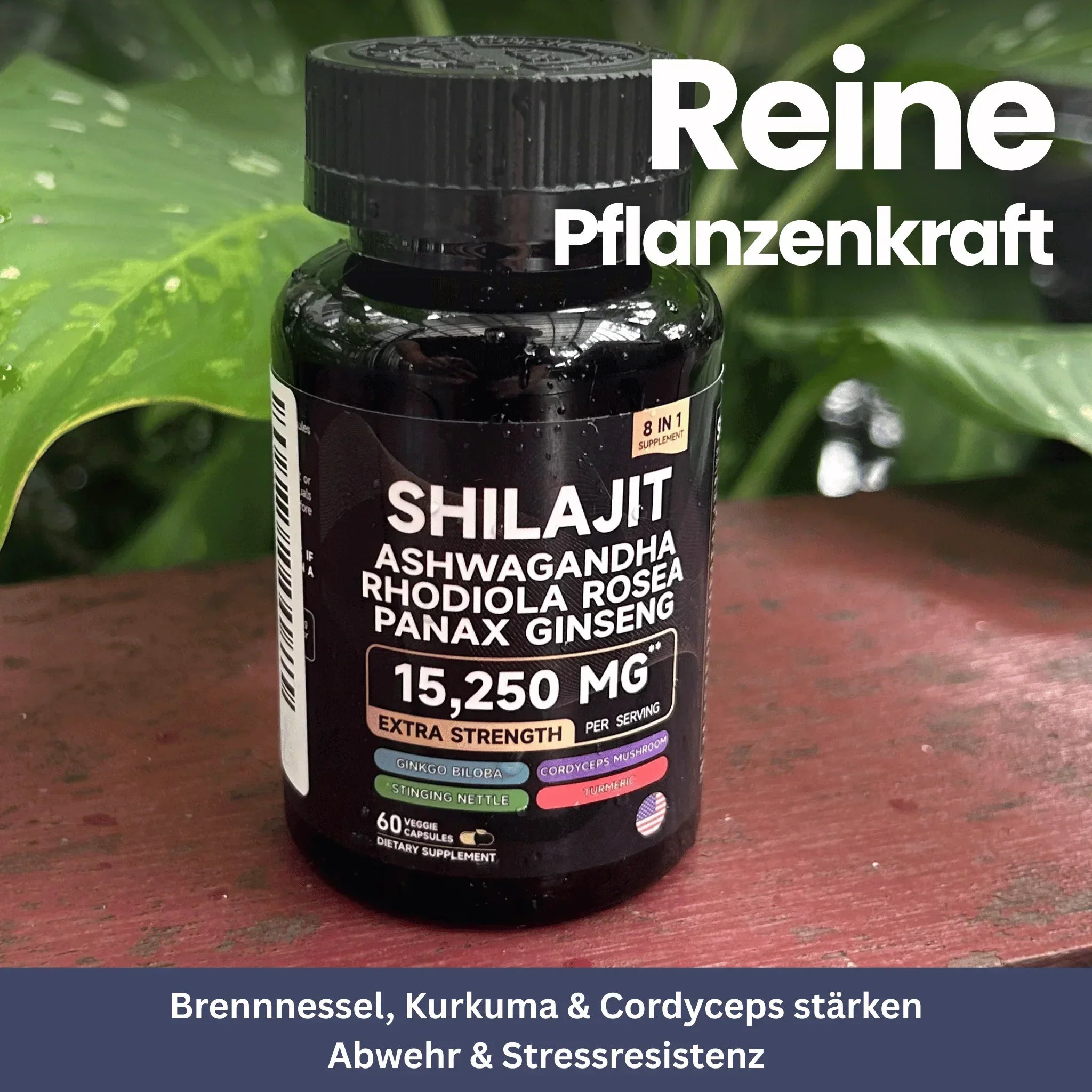 "Energieergänzung Shilajit Vital 8-in-1, braunes Pulver in Glasbehälter, für Kraft und Vitalität"