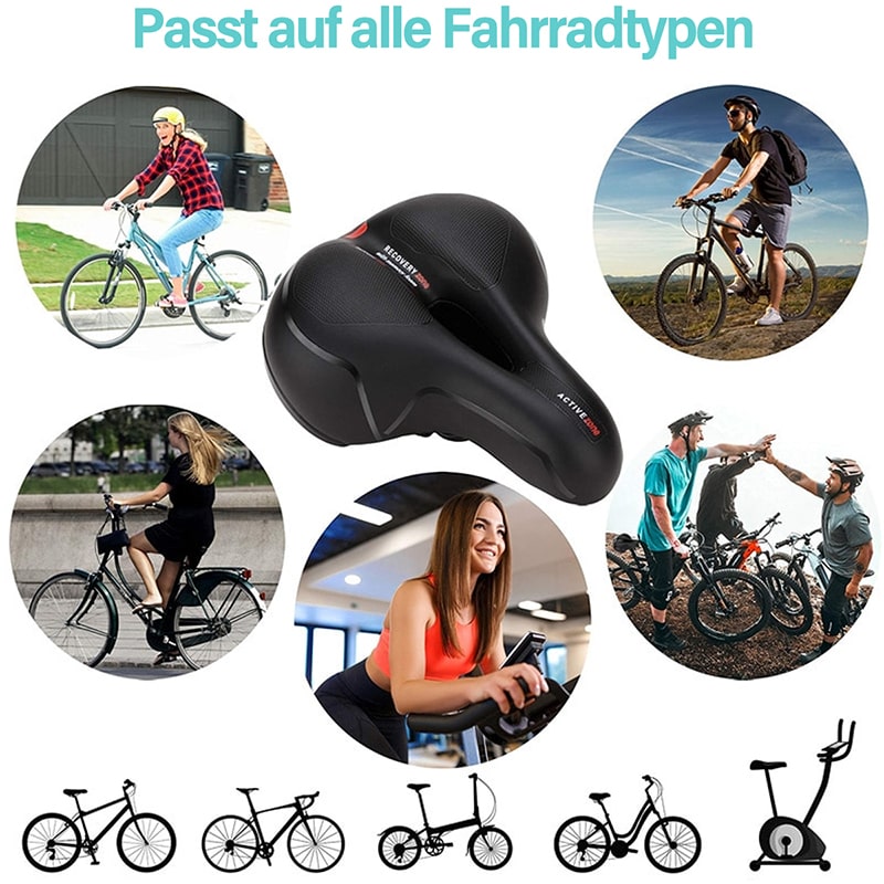 Ergonomischer ComfortRide Fahrradsattel mit dicker Polsterung, reflektierenden Streifen und Belüftungsschlitzen für Komfort.