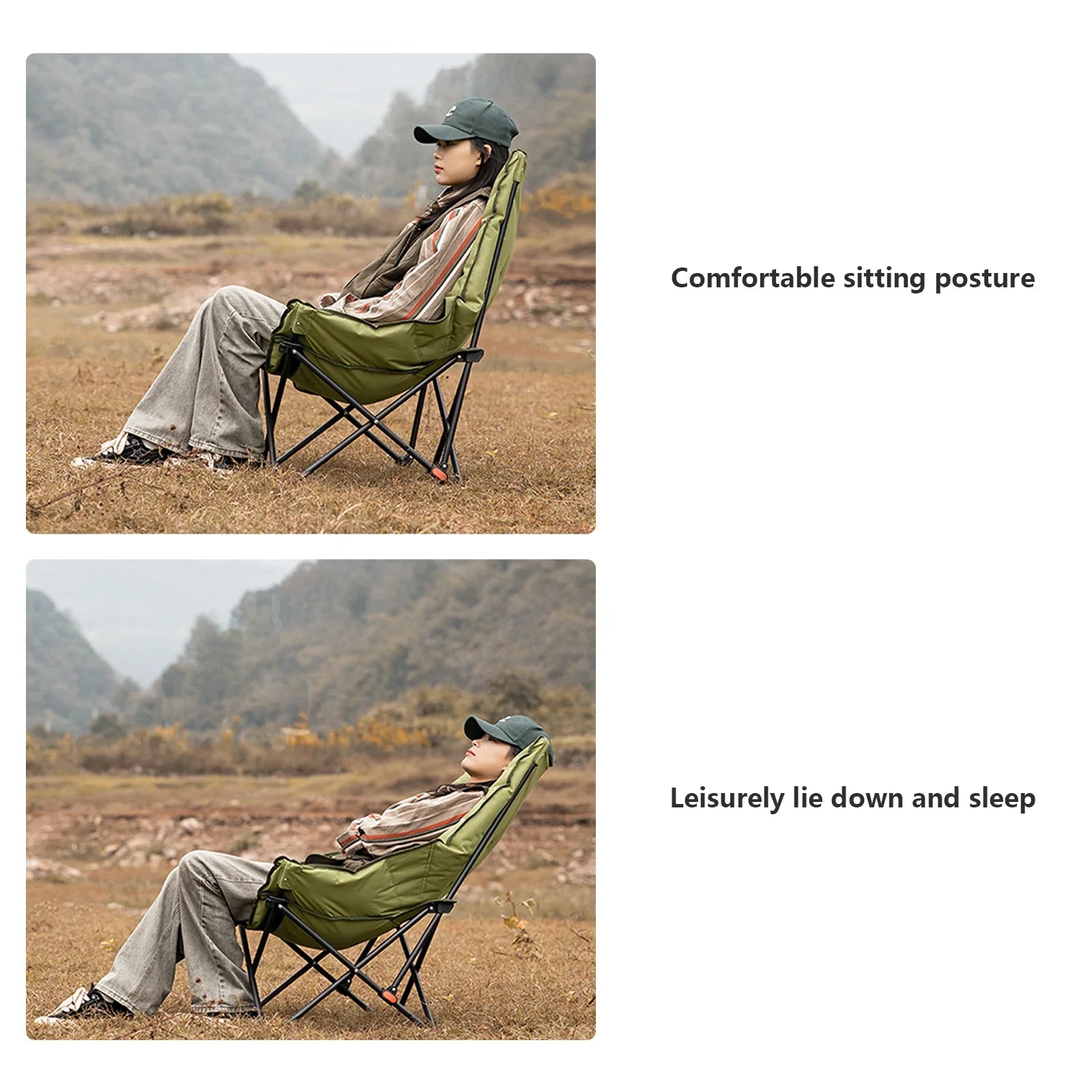"Faltbarer Mondstuhl für Camping, komfortabel mit weichem Sitz, verstellbarer Rückenlehne, leicht und robust, ideal outdoor."