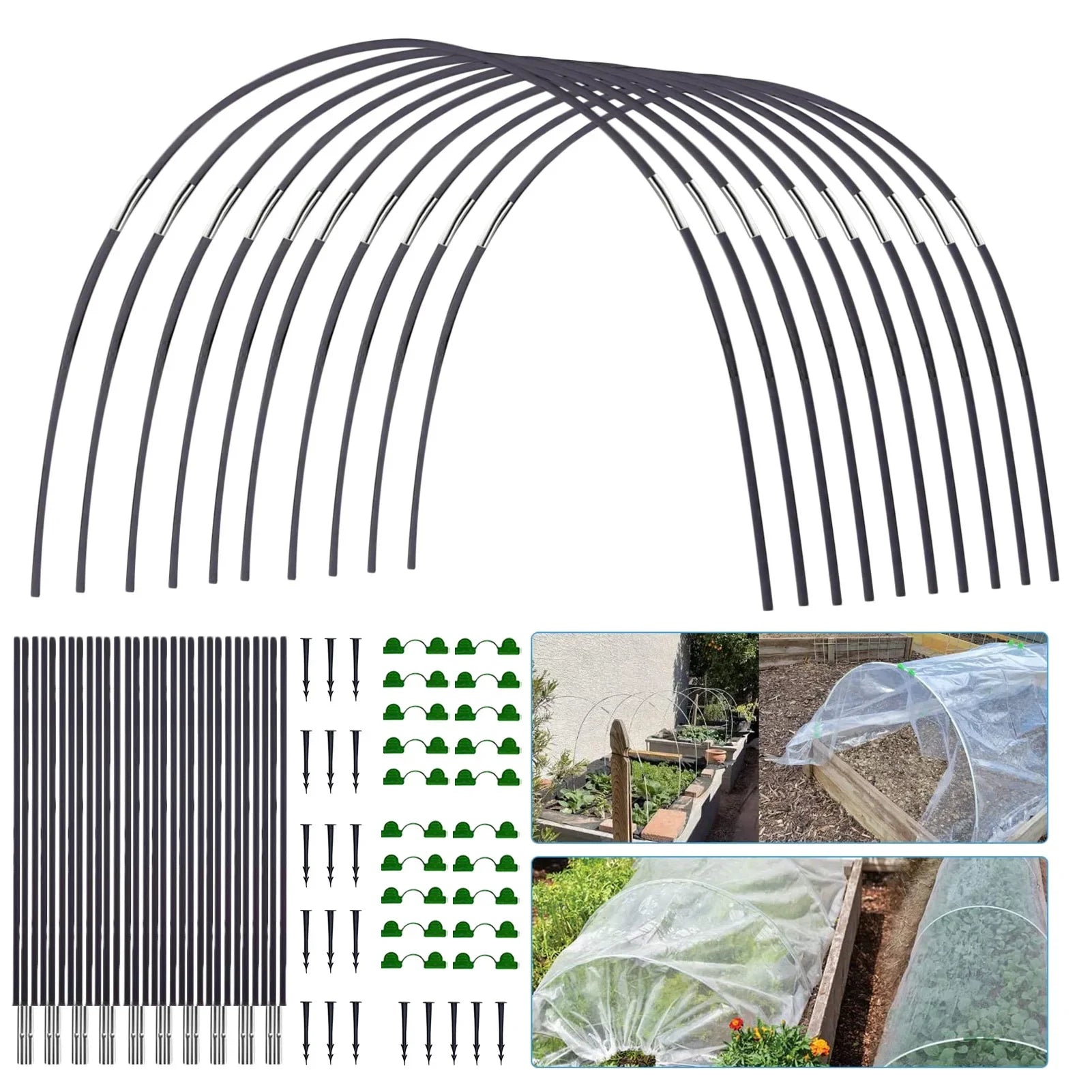 "Fiberglas-Pflanztunnel-Set, flexibler, rostfreier Bögen, ideal für Hochbeete, Schattierung und Pflanzenschutz."