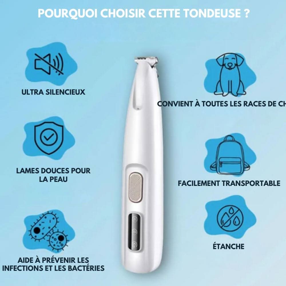 "Geräuscharmer Haustierschneider schneidet sanft Pfotenfell; ergonomisch, LED-Licht, ideal für empfindliche Stellen."