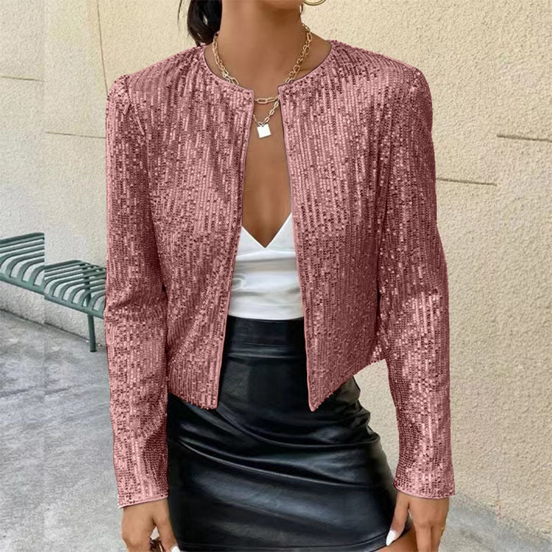 Glitzernde Damen Strickjacke, Vorderansicht in Champagner, elegantes Glitzerdesign, vielseitig für stilvolle Anlässe.