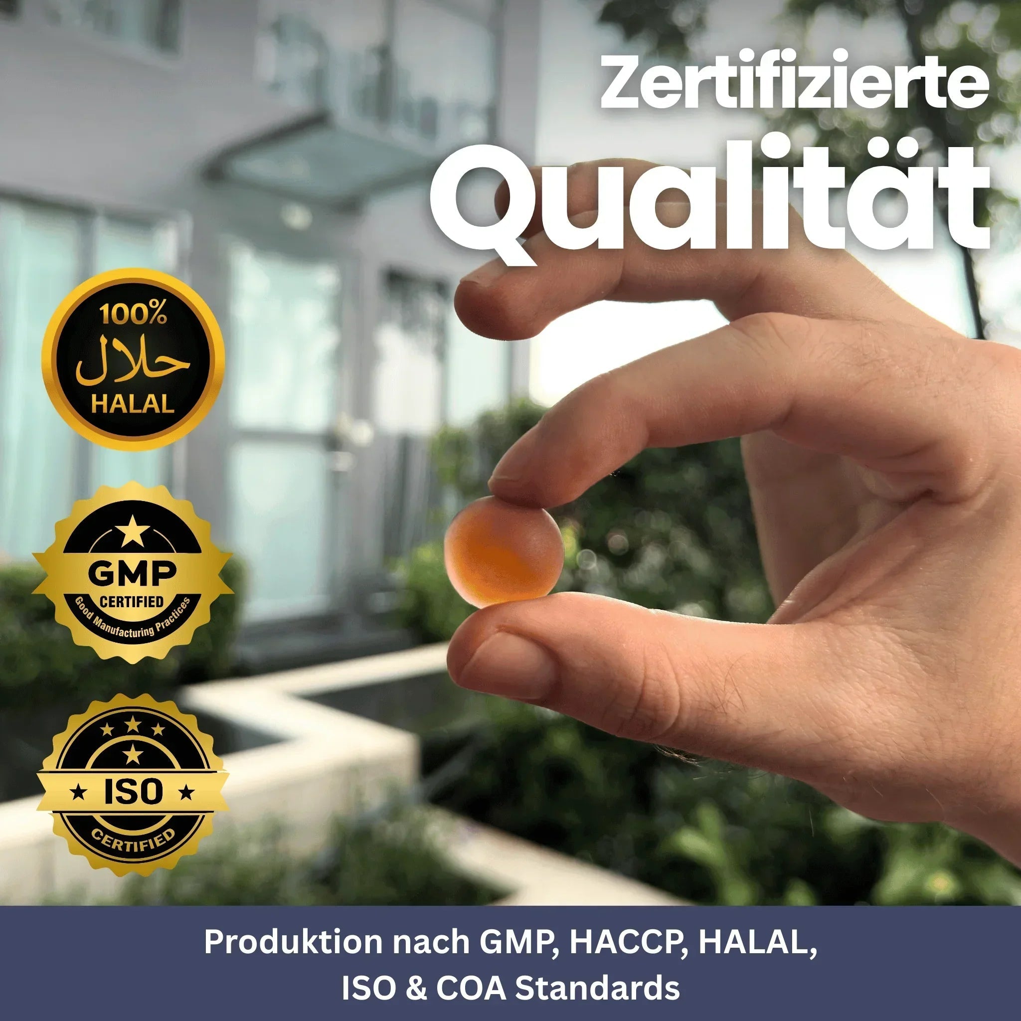 Goldene Shilajit Gummis in Bärchenform für natürliche Energie und Vitalität, 90 Stück pro Packung, auf weißem Hintergrund.