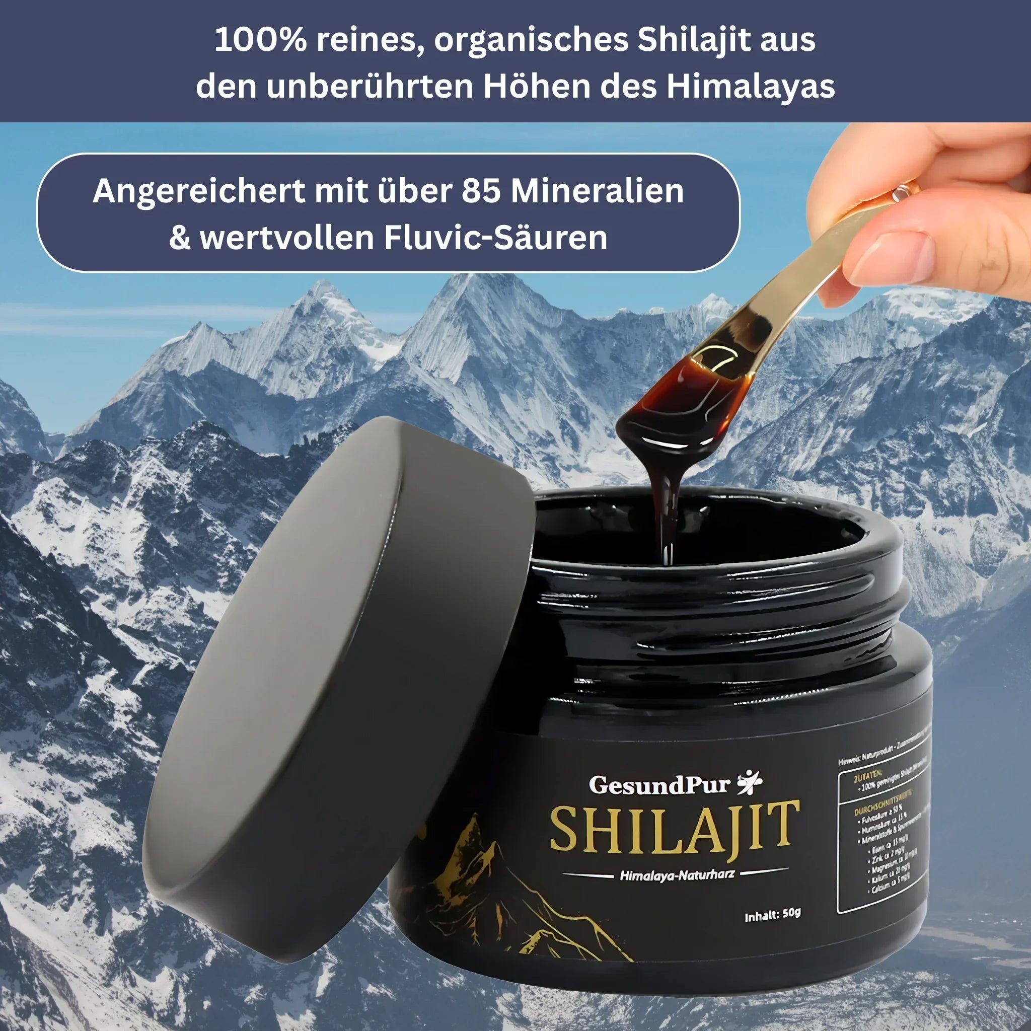 "Goldene Shilajit-Paste in Glasgefäß, natürlicher Energieschub, optimal für Gesundheit und Vitalität, aus Himalaya."