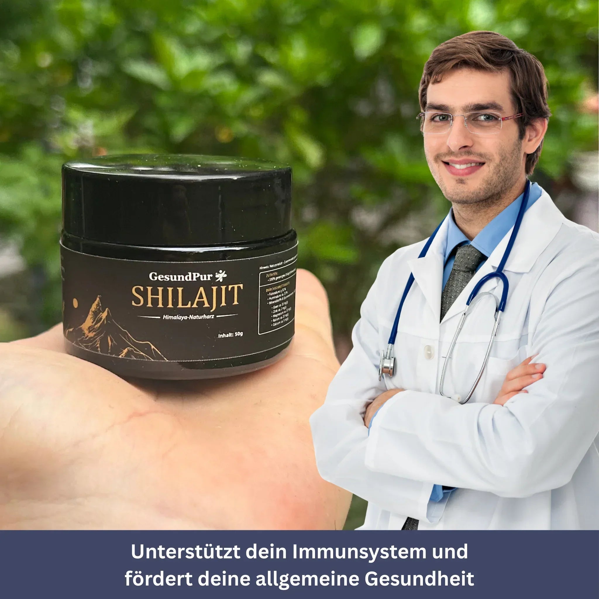 "Goldene Shilajit-Paste in Glasgefäß, natürlicher Energieschub, optimal für Gesundheit und Vitalität, aus Himalaya."