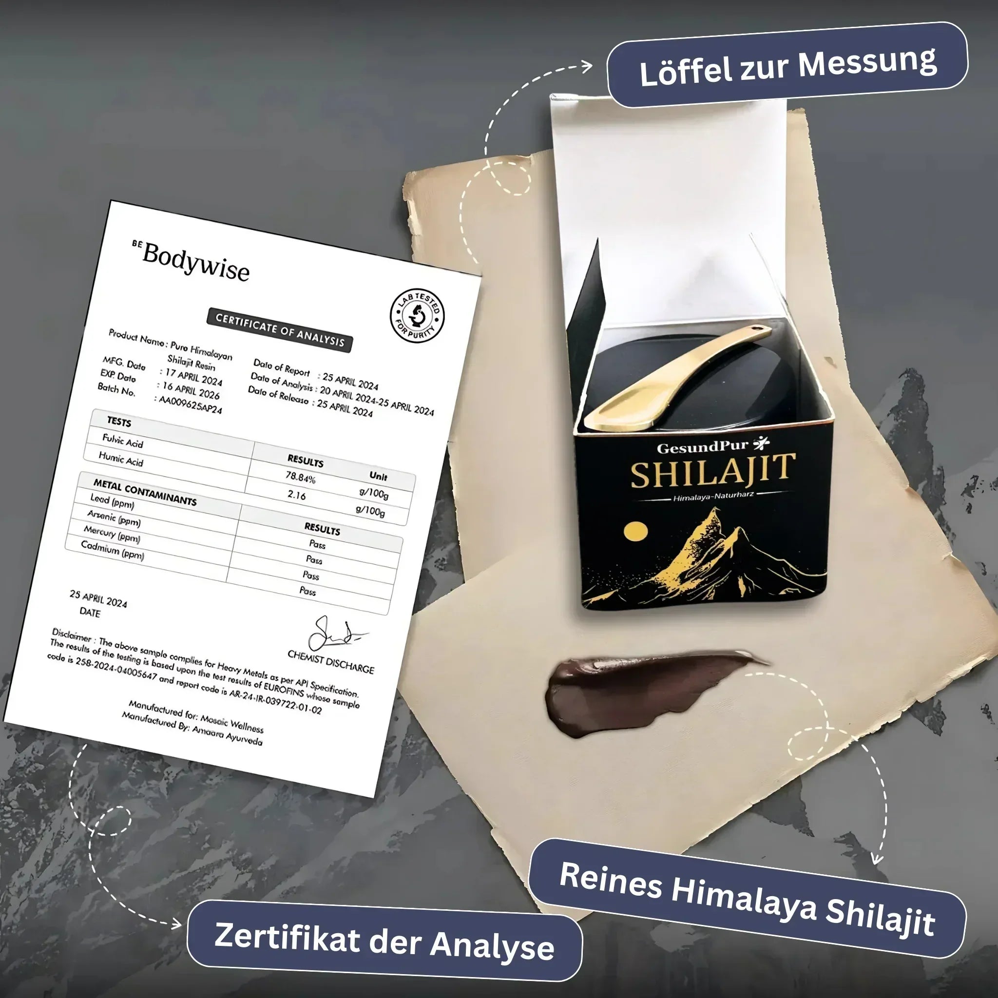 "Goldene Shilajit-Paste in Glasgefäß, natürlicher Energieschub, optimal für Gesundheit und Vitalität, aus Himalaya."