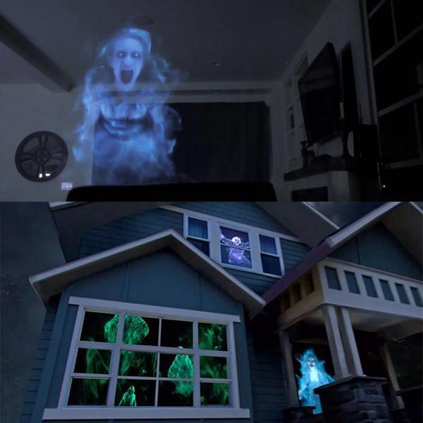 "Halloween-Projektor auf Stativ, schwarz, projiziert gruselige Filme, wetterbeständig, inkl. Leinwand, ideal für Fenster"