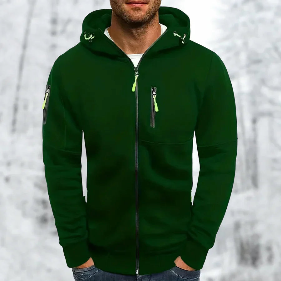 "Herren Kapuzenjacke, warm & stilvoll, Reißverschluss, schützende Kapuze, trendige Farben, legere bis Outdoor-Looks"
