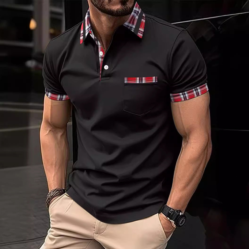 "Herren Poloshirt mit modernem Karo-Design und Brusttasche, seitliche Ansicht"