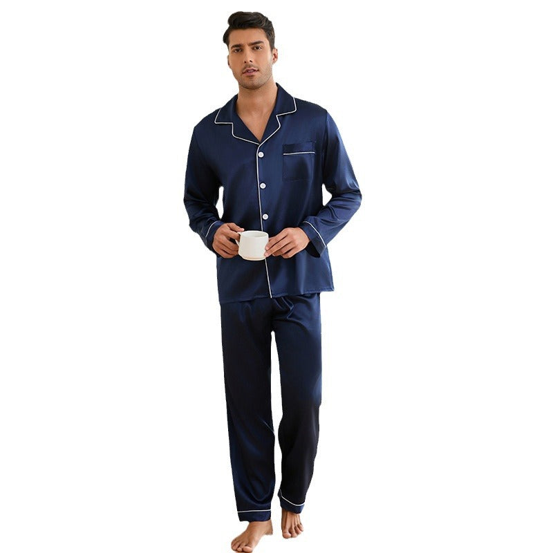 "Herren Satin Schlafanzug Set mit klassischem Kragen und stilvollen Kontrastnähten, luxuriöses Design, elegantes Aussehen"