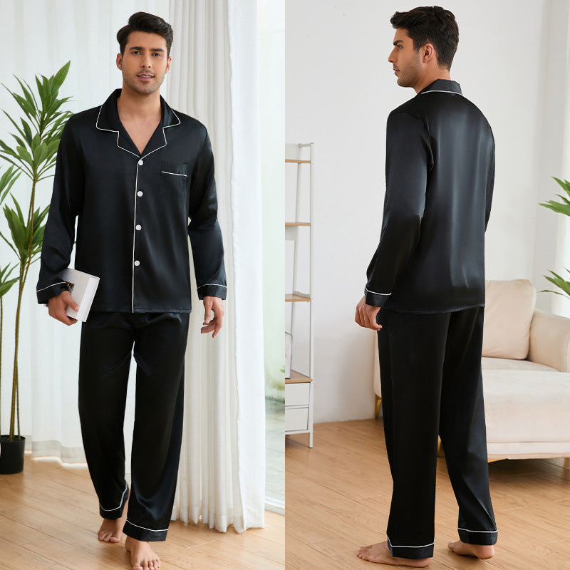 "Herren Satin Schlafanzug Set mit klassischem Kragen und stilvollen Kontrastnähten, luxuriöses Design, elegantes Aussehen"