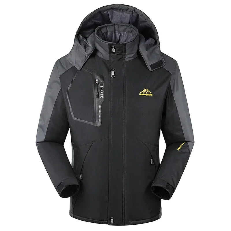 "Herren-Skijacke mit Kapuze, wetterfest, stilvolles Design, ideal für Wintersport, mit praktischen Reißverschlusstaschen."