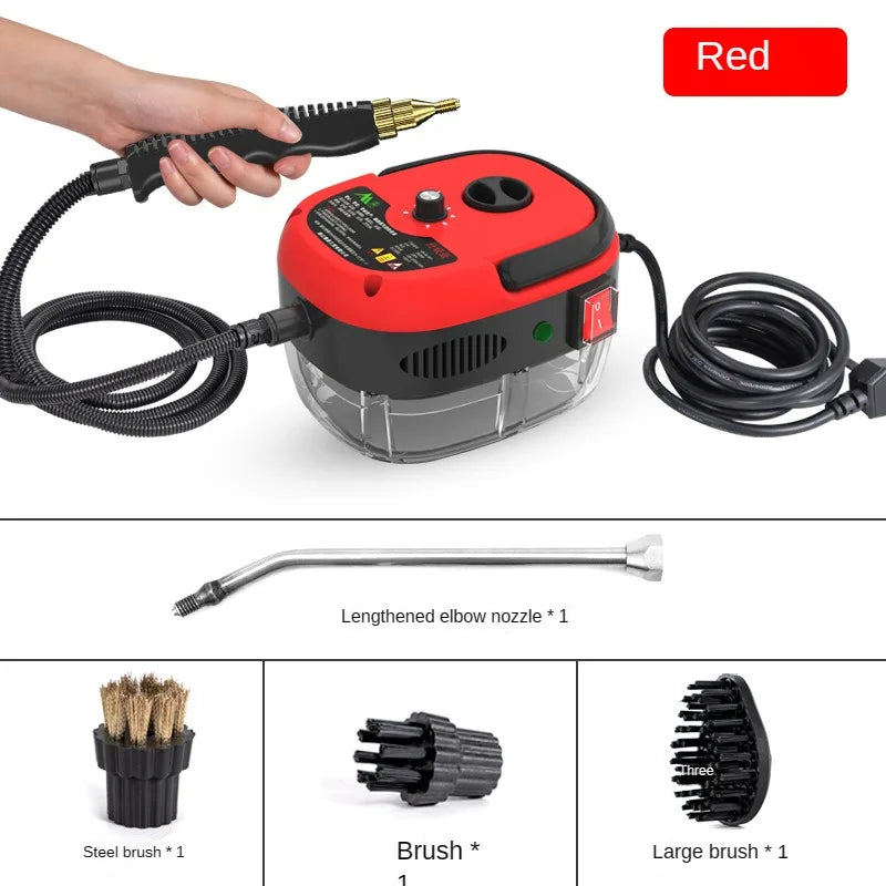 Hochdruck-Dampfreiniger, 2500W, 3 Bar, für Küche und Bad; Weiß, Rot, Blau; länglicher Griff, LED-Anzeige und Dampfdüsen.