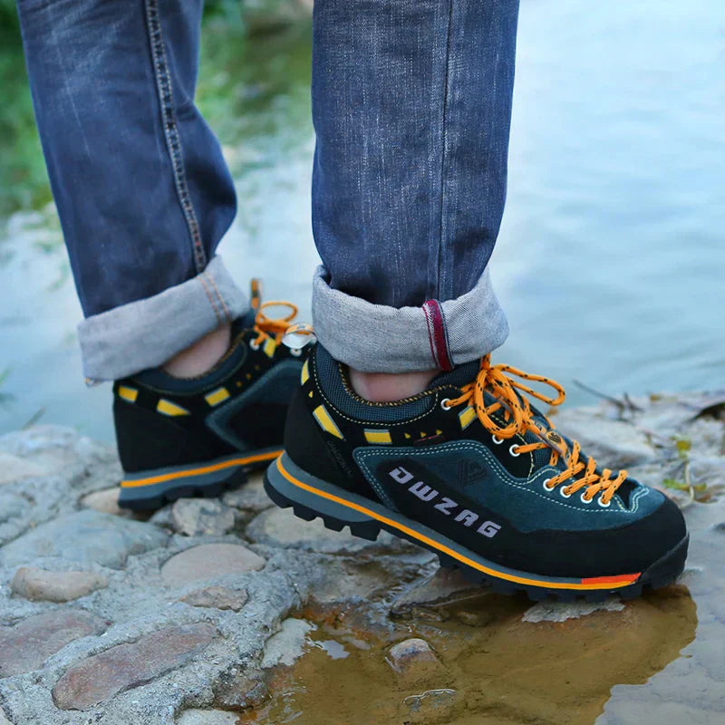 "Hochwertige Herren Wander Schuhe, robust, ideal für Outdoor-Abenteuer, mit anpassbarer Schnürung, blau/gelb, grau/rot"