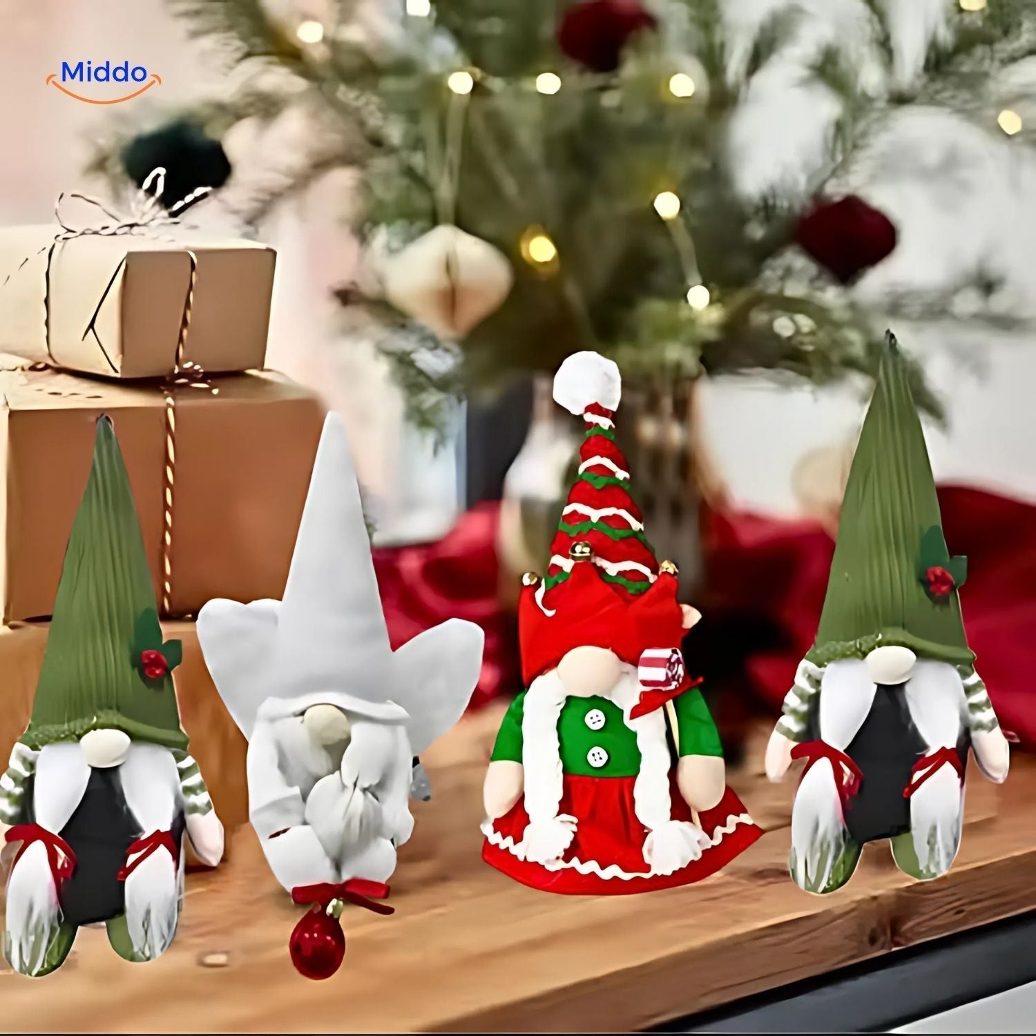 "HolidayHaven Adventskalender mit weihnachtlichen Plüsch-Gnomen und Miniaturhäusern, ideal für festliche Dekoration."