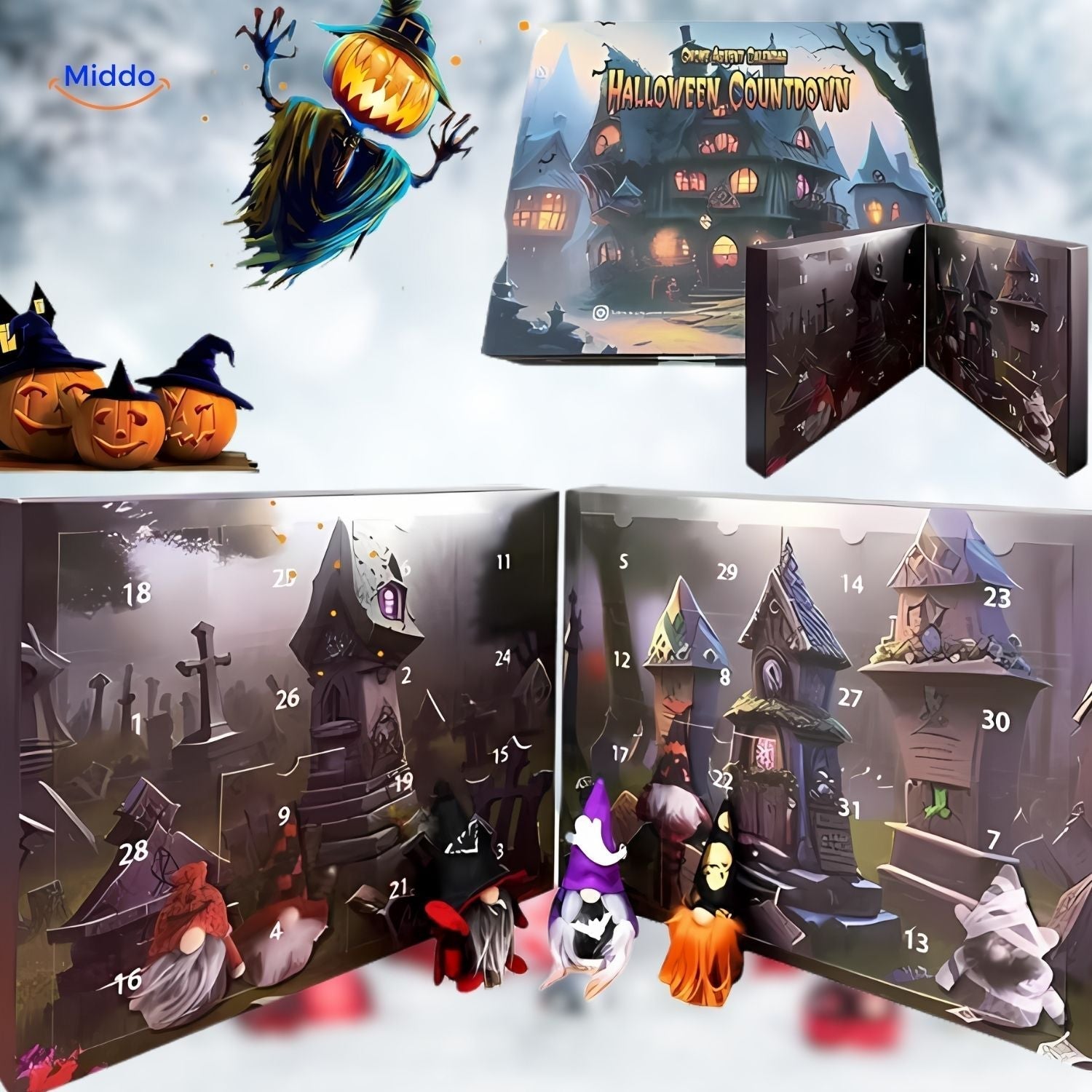 "HolidayHaven Adventskalender mit weihnachtlichen Plüsch-Gnomen und Miniaturhäusern, ideal für festliche Dekoration."