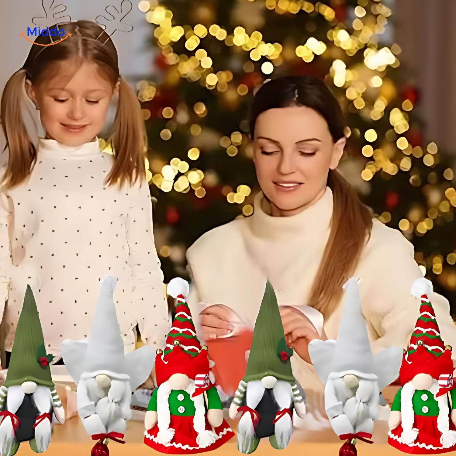 "HolidayHaven Adventskalender mit weihnachtlichen Plüsch-Gnomen und Miniaturhäusern, ideal für festliche Dekoration."